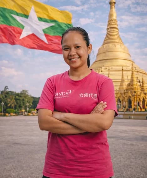Myanmar domestic helper with flag and pagoda